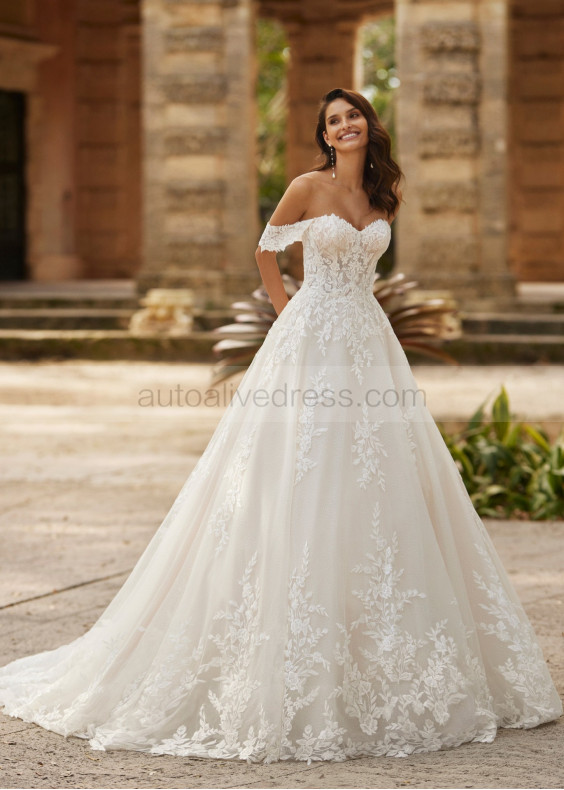 Off Shoulder Beaded Ivory Lace Tulle Dreamy Wedding Dress